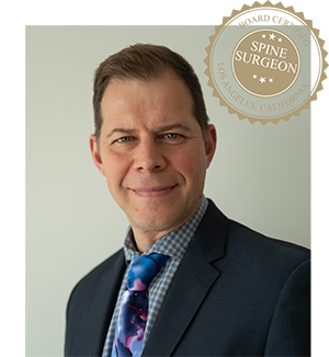 Los Angeles spine surgeon, Dimitriy Kondrashov, MD, portrait with a seal in upper right reading Board Certified Spine Surgeon, Los Angeles, California.